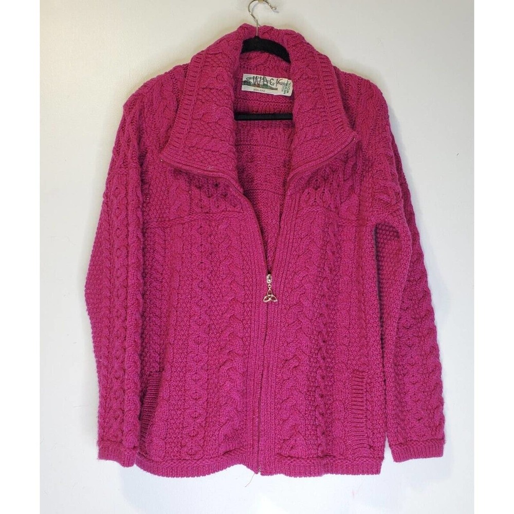 Aran Crafts Size L Merino Wool Pink Magenta Irish Sweater Zip Up Cardigan